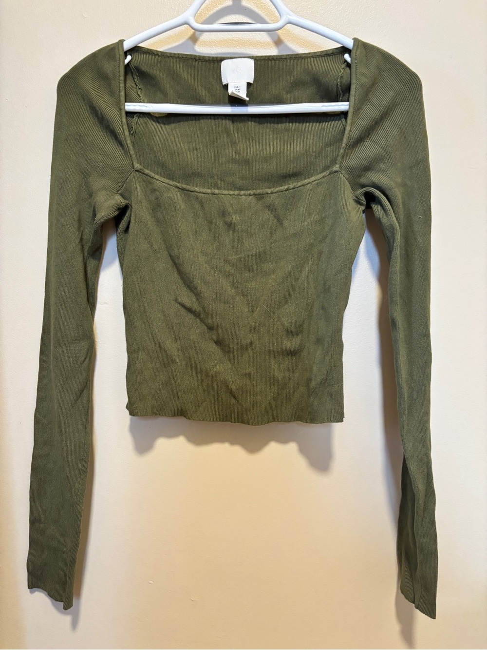 H&M Olive Square Neck Ribbed Long-Sleeve Top